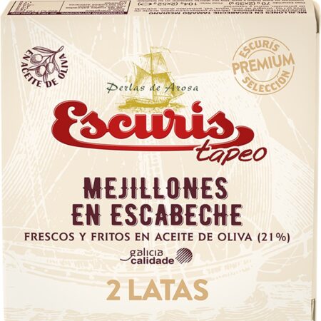 Escuris Tapeo mejillones en escabeche frescos y fritos en aceite de oliva pack 2 lata 35 g neto escurrido