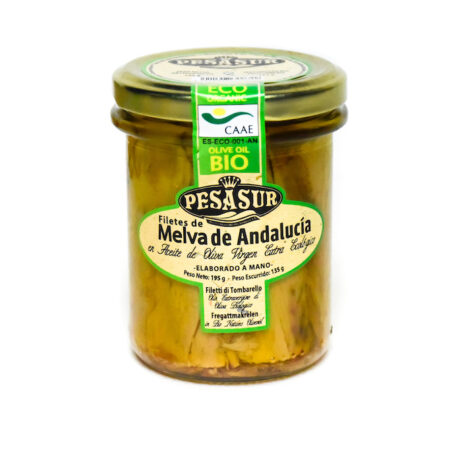 FILETES DE MELVA DE ANDALUCÍA EN ACEITE DE OLIVA VIRGEN EXTRA ECOLOGICO 195g